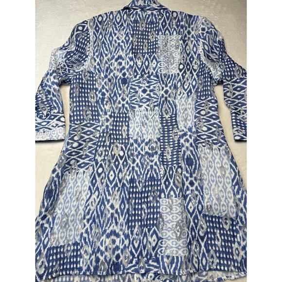Samuel Dong Ikat Sheer Jacket Blue White Art Print Lightweight Coat SZ L - Picture 8 of 12